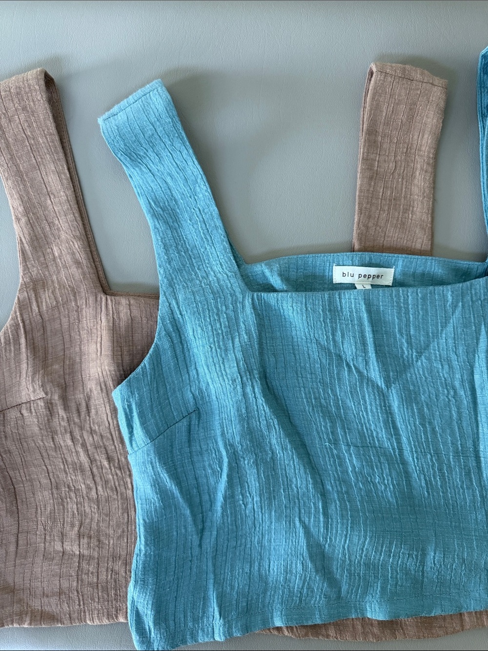 Set of Two: Blu Pepper Seafoam and Tan Square Neck Crop Top, Large